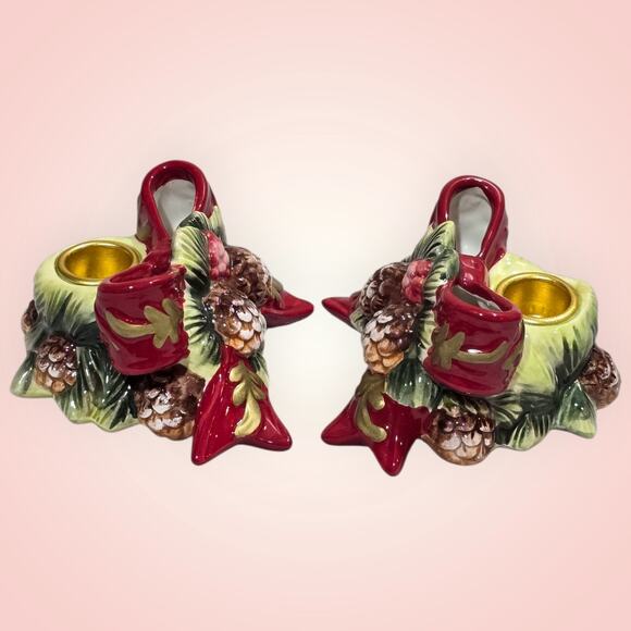 VTG Ceramic Christmas Wreath Candle Holders With Pinecones And Red Bow 3D - Picture 3 of 10